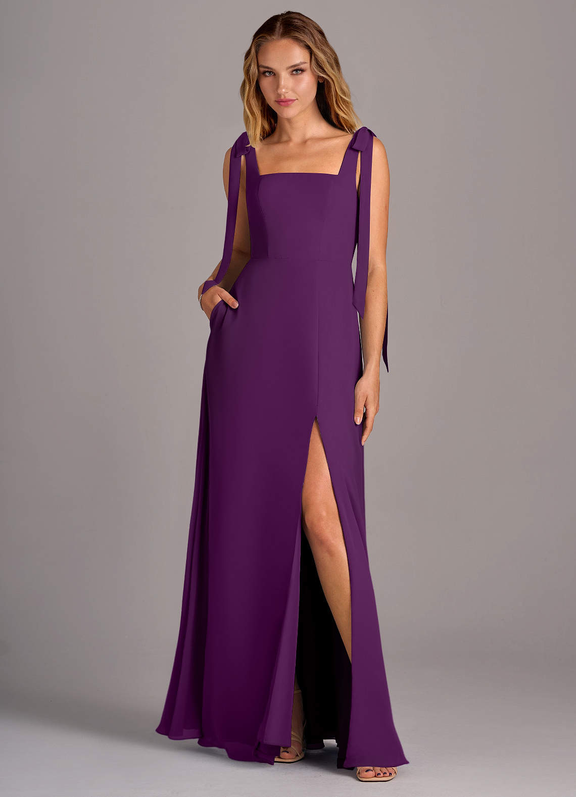 Azazie Debra Bridesmaid Dresses Grape A-Line with Pockets Chiffon Convertible Dress image1