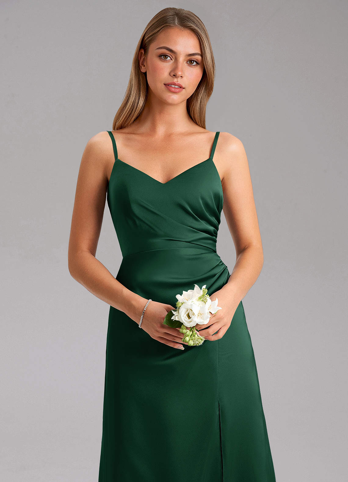 Azazie A-Line V-Neck Floor-Length Stretch Satin Bridesmaid Dresses