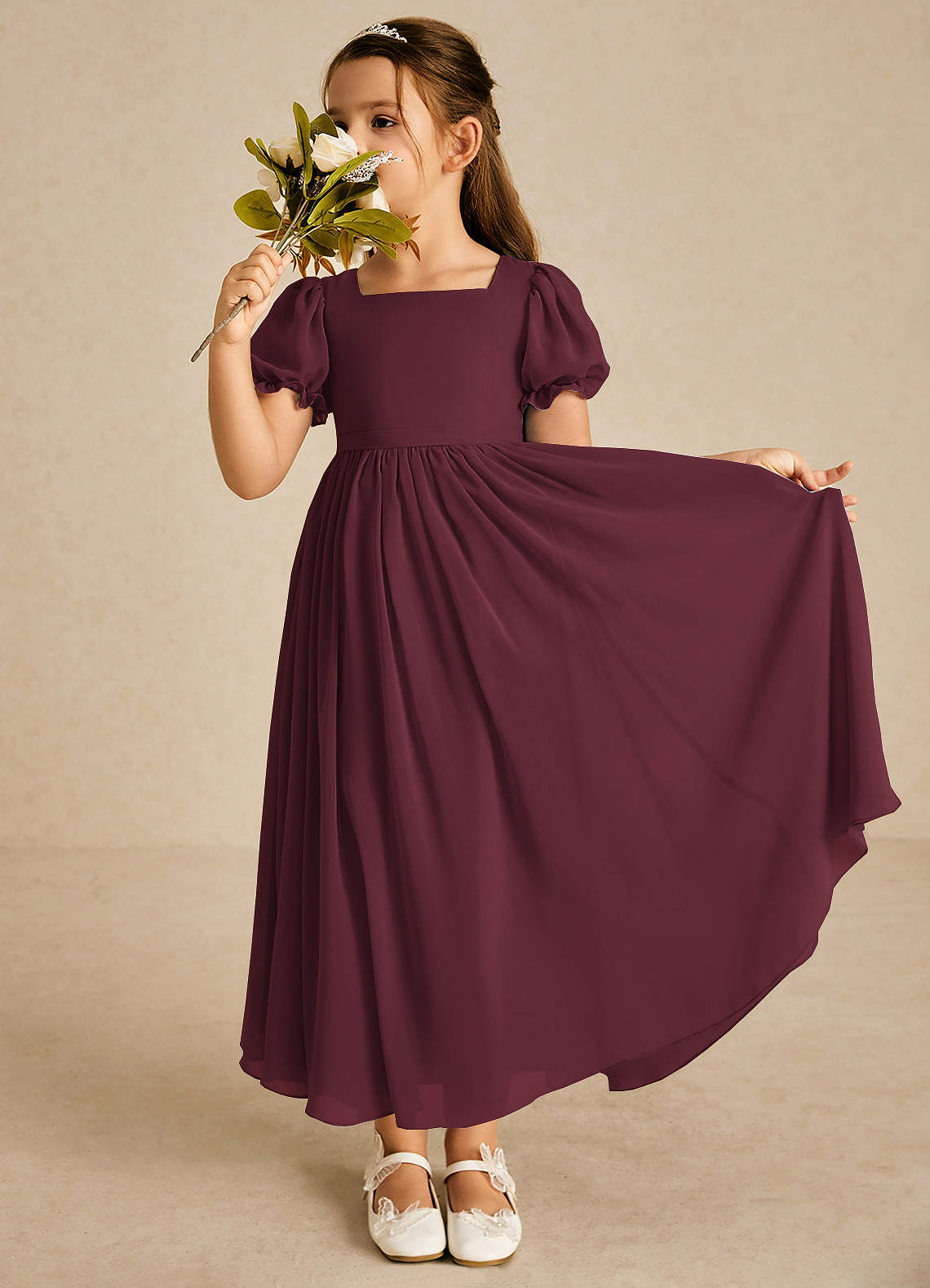 Azazie Joss Flower Girl Dresses Cabernet A-Line with Sleeves Chiffon Dress image1