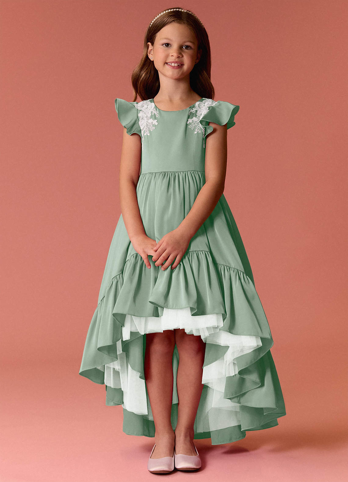 Barbie ♥ Azazie Jurken voor bloemenmeisjes A-Lijn Jurk van Stretch Satijn Kant Agave image1