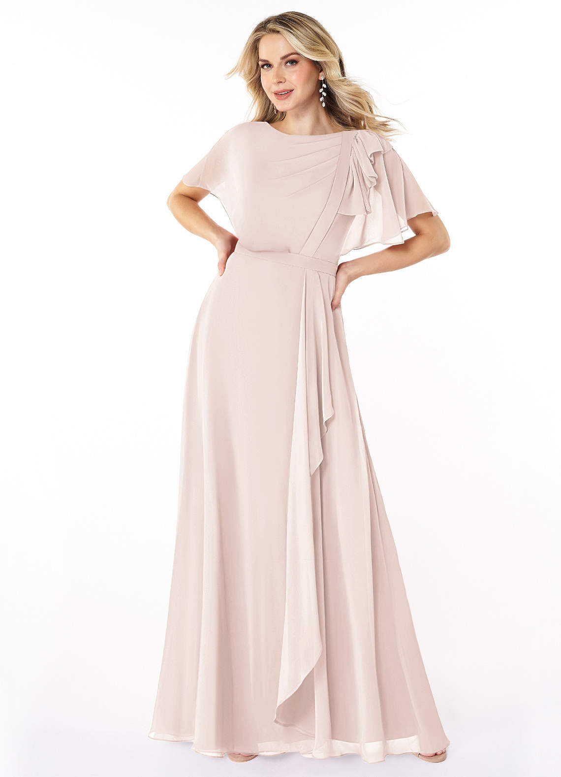 Azazie Aaliyah Modest Bridesmaid Dresses A-Line Scoop Pleated Chiffon Floor-Length Dress image1