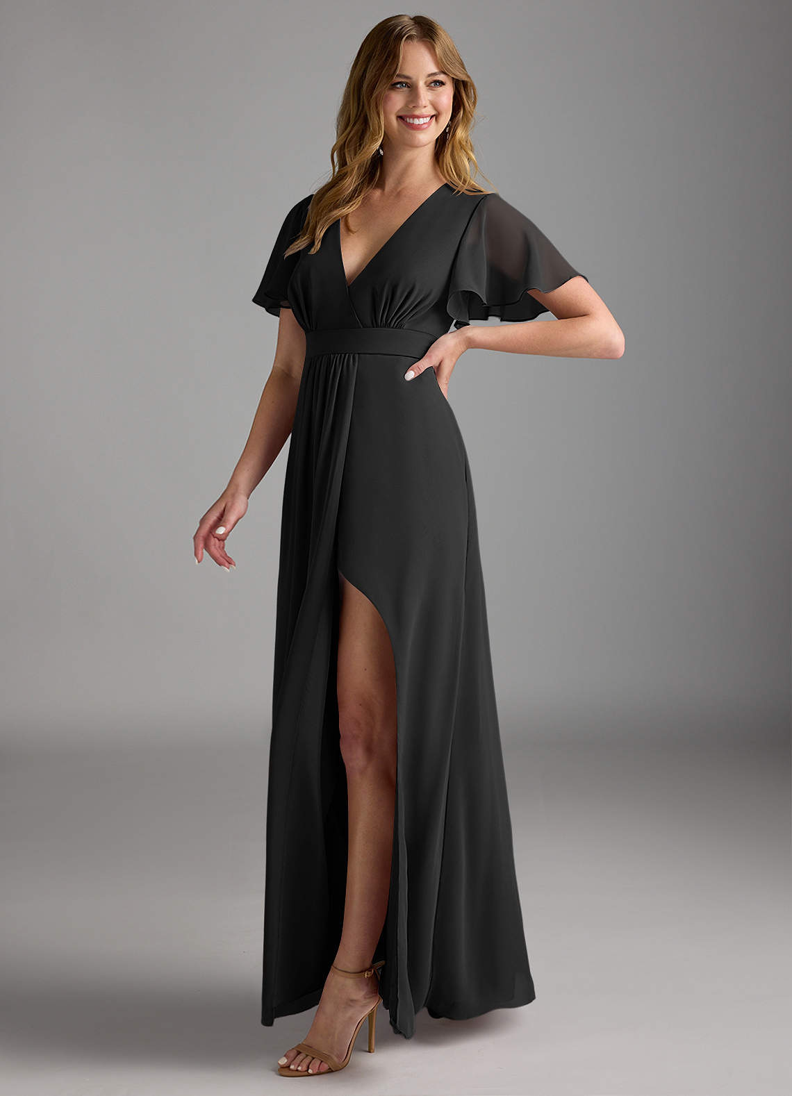 black chiffon high low dress Black Long sleeves High low Chiffon Evening Dress, Black / US2