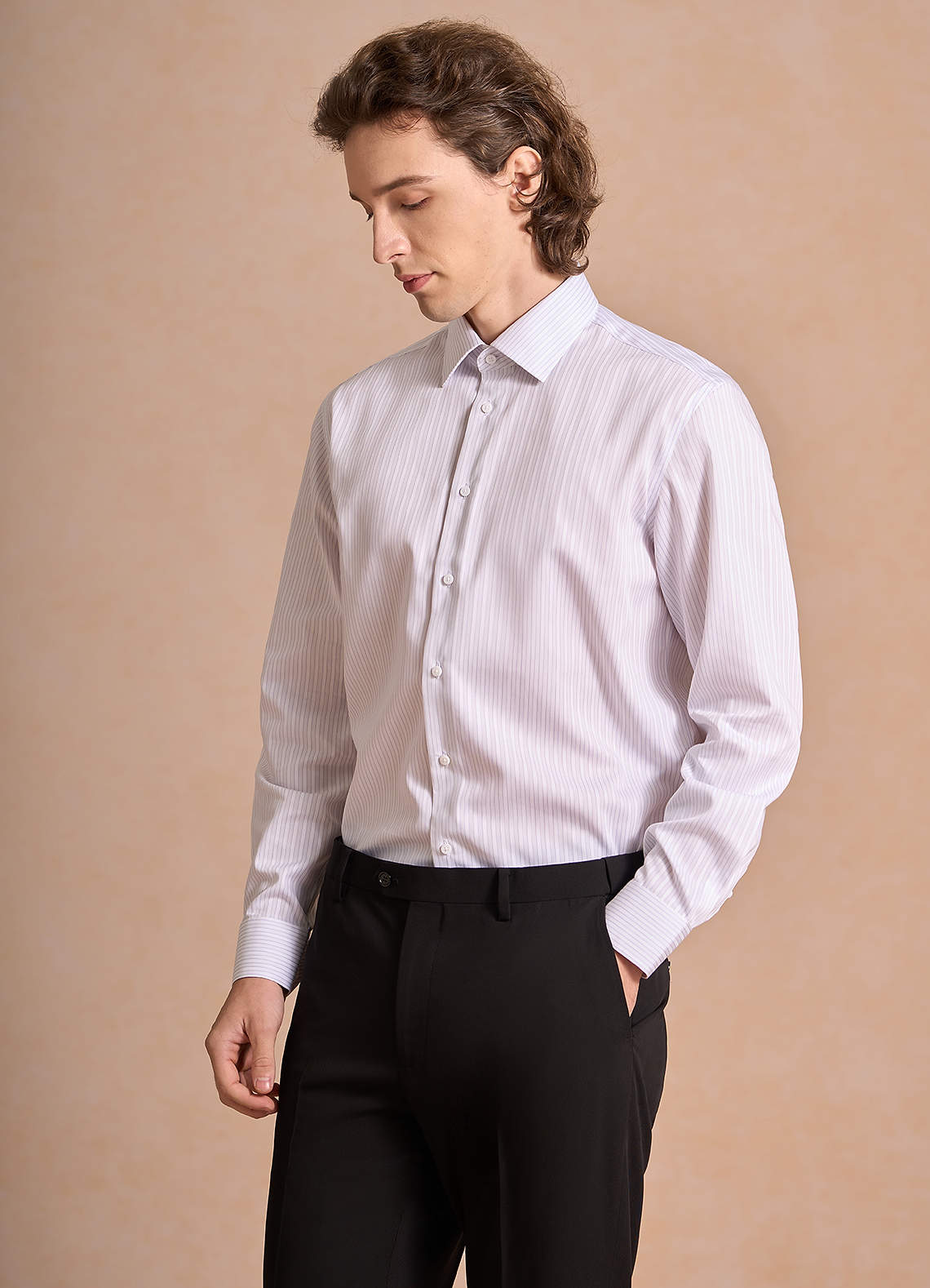 front Aiden Soft Lavender 100% Cotton Non-Iron Striped Dress Shirt