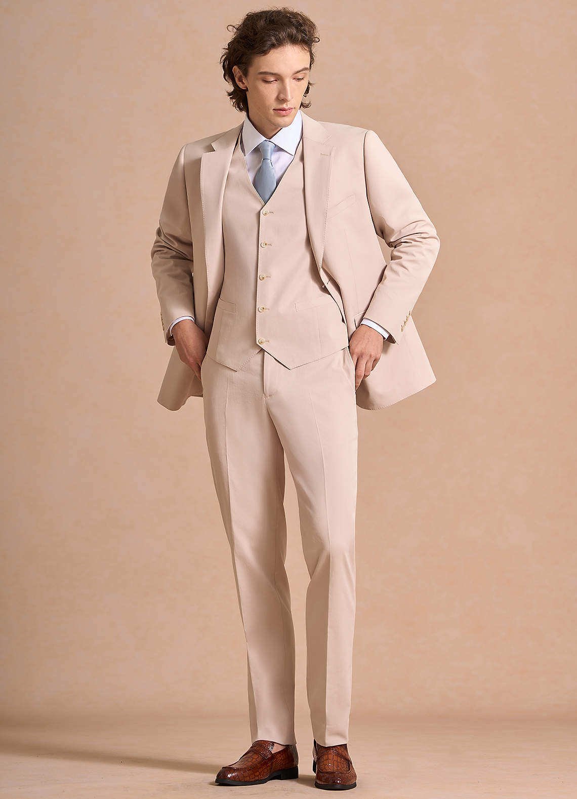 front Carter Tan Cotton Linen Blend 3-Piece Suit