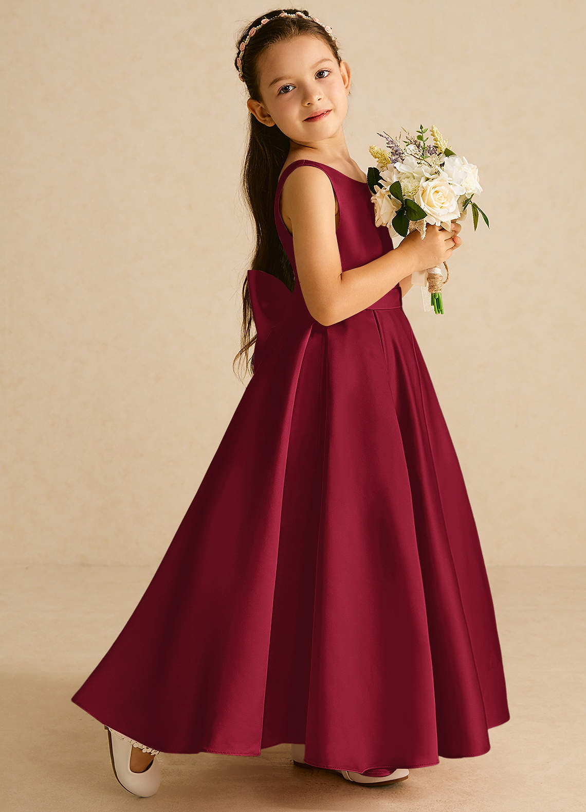 Azazie Pipsy Flower Girl Dresses Burgundy A-Line Bow Matte Satin Dress image2