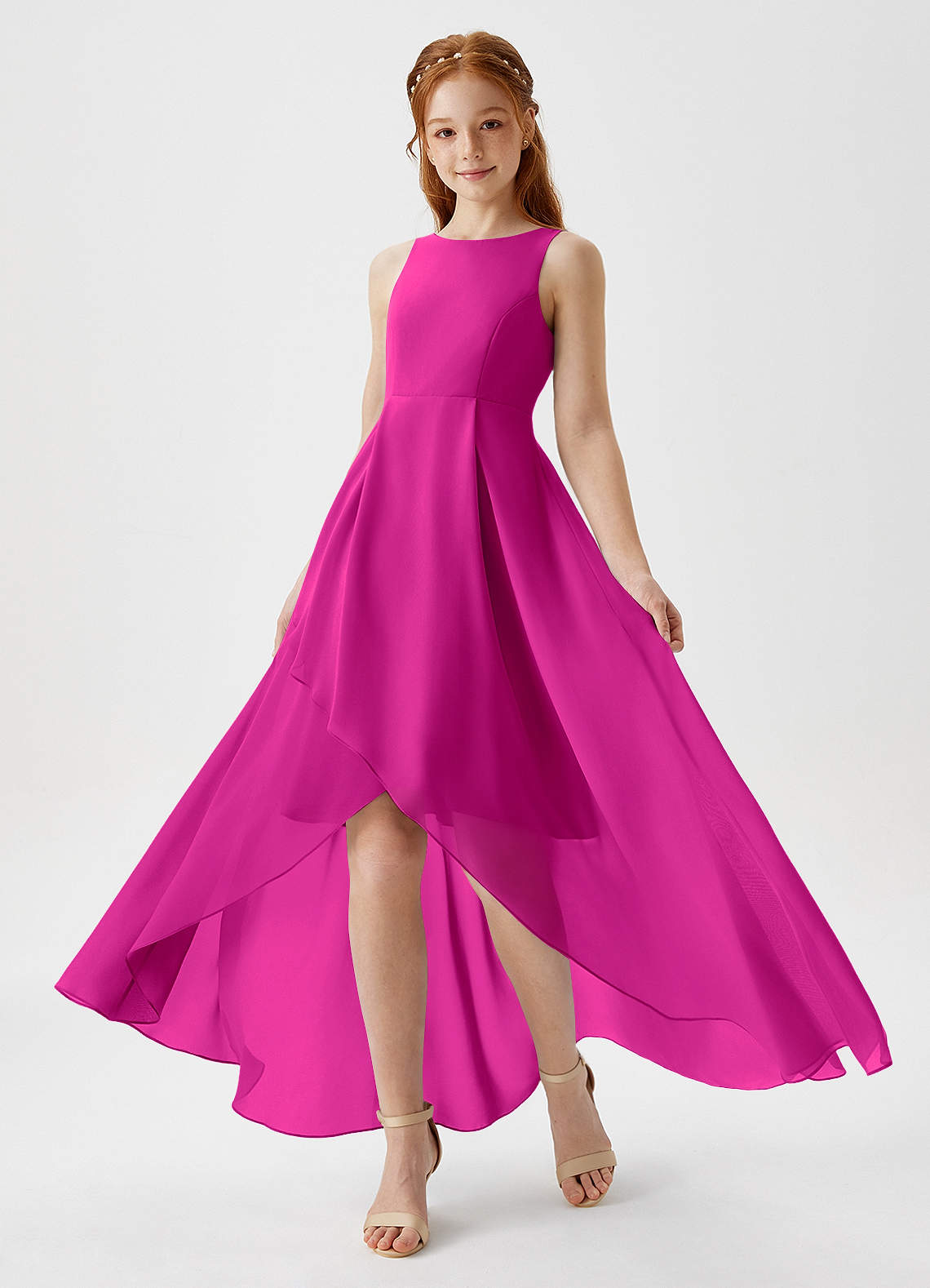 Azazie Lizette Junior Fuchsia A-Line Pleated Chiffon Dress image1