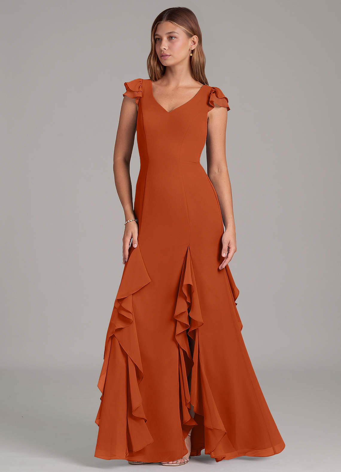 Azazie Nessa Bridesmaid Dresses Burnt Orange A-Line Chiffon Dress image1
