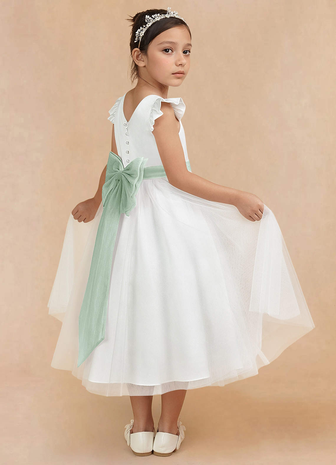 Azazie Hemi Flower Girl Dresses Ivory Agave A-Line Bow Tulle Dress image1