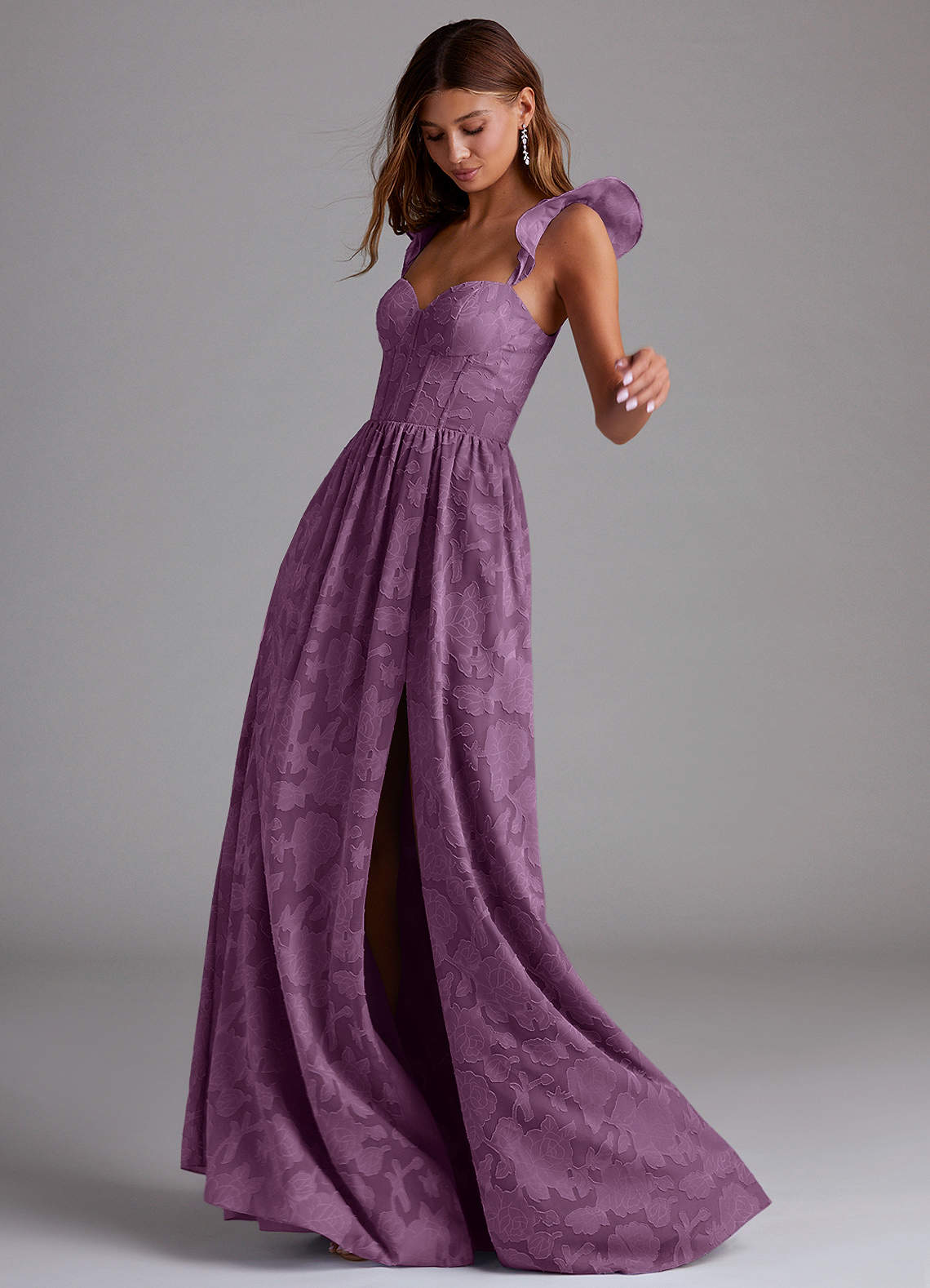 Azazie Denisse Vestidos de madrinha de casamento Vestido Glicínia de Esgotamento Floral de Linha A com Ruched image1