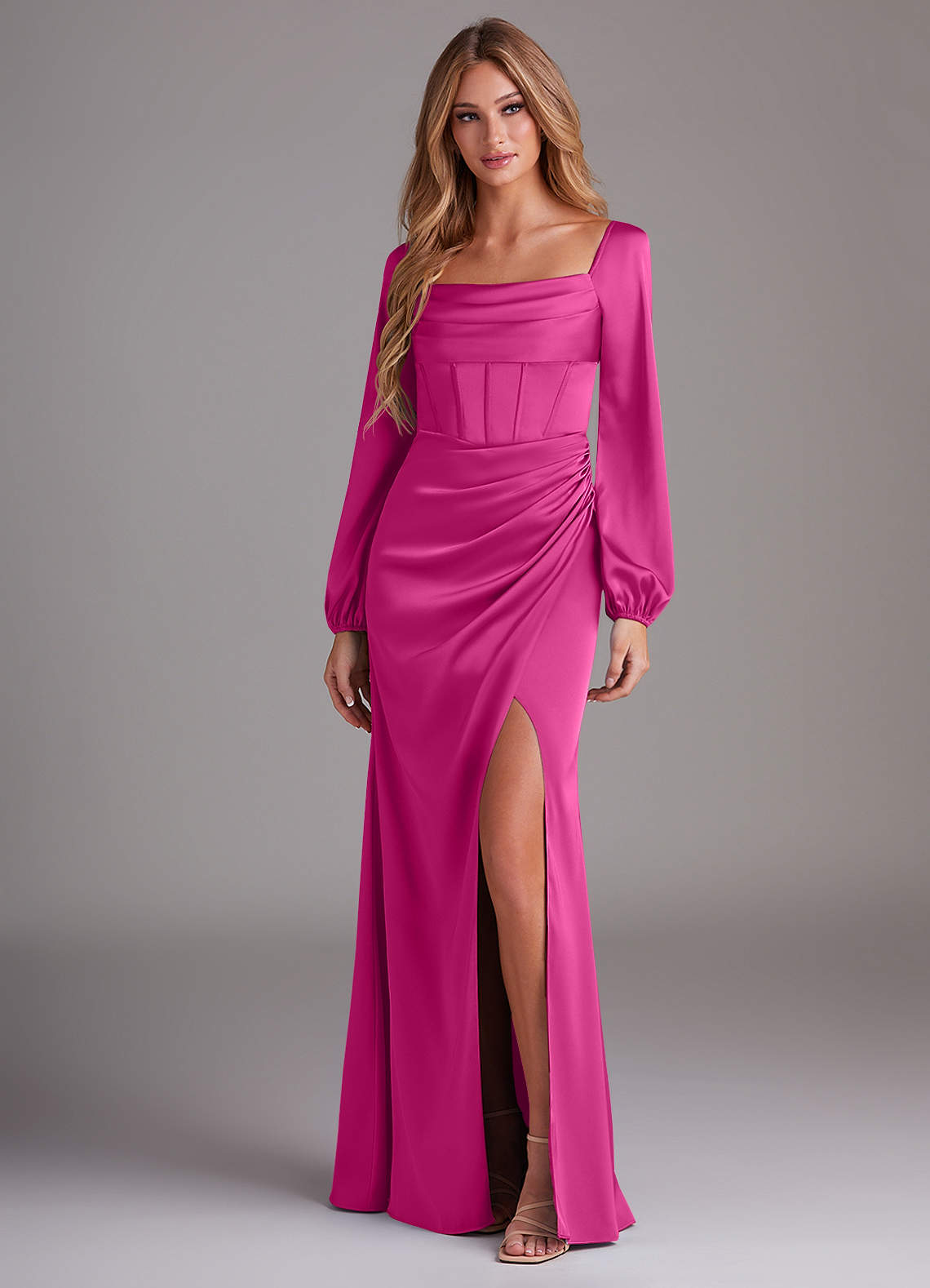 Azazie Sheath Cowl Neck Long Sleeve Floor-Length Stretch Satin Bridesmaid Dresses