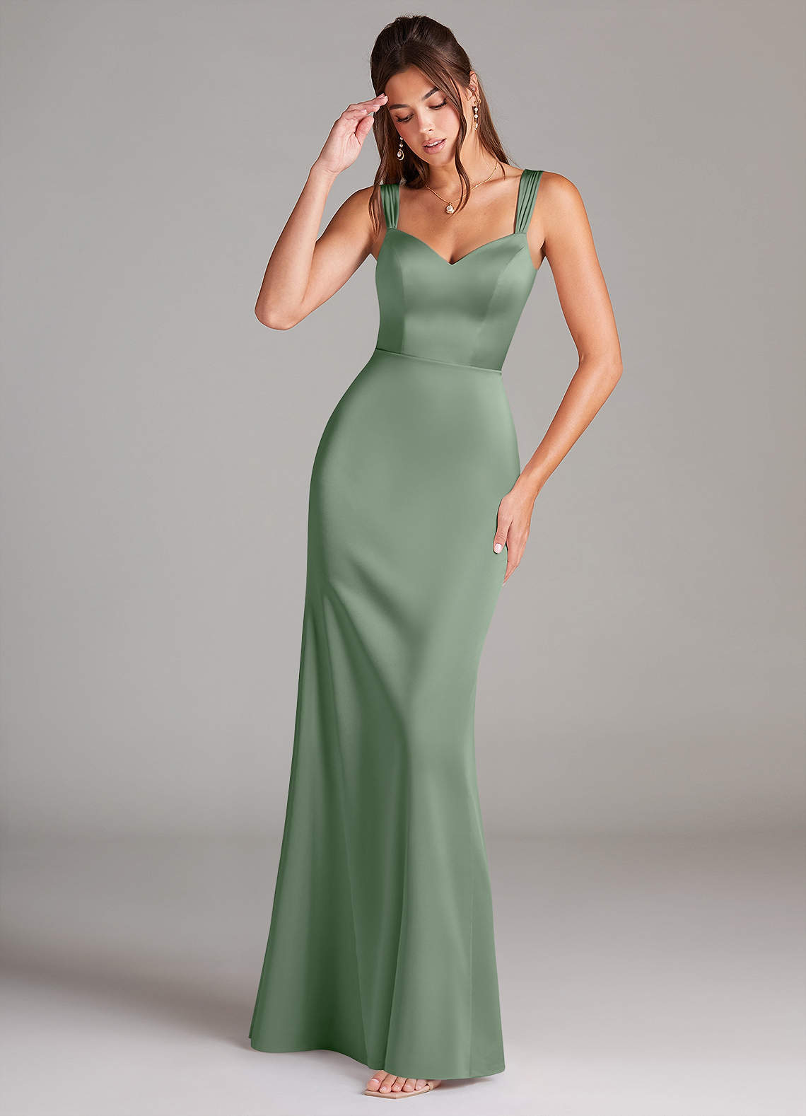 Azazie Denice Bridesmaid Dresses Matcha Sheath Pleated Stretch Satin Dress image1