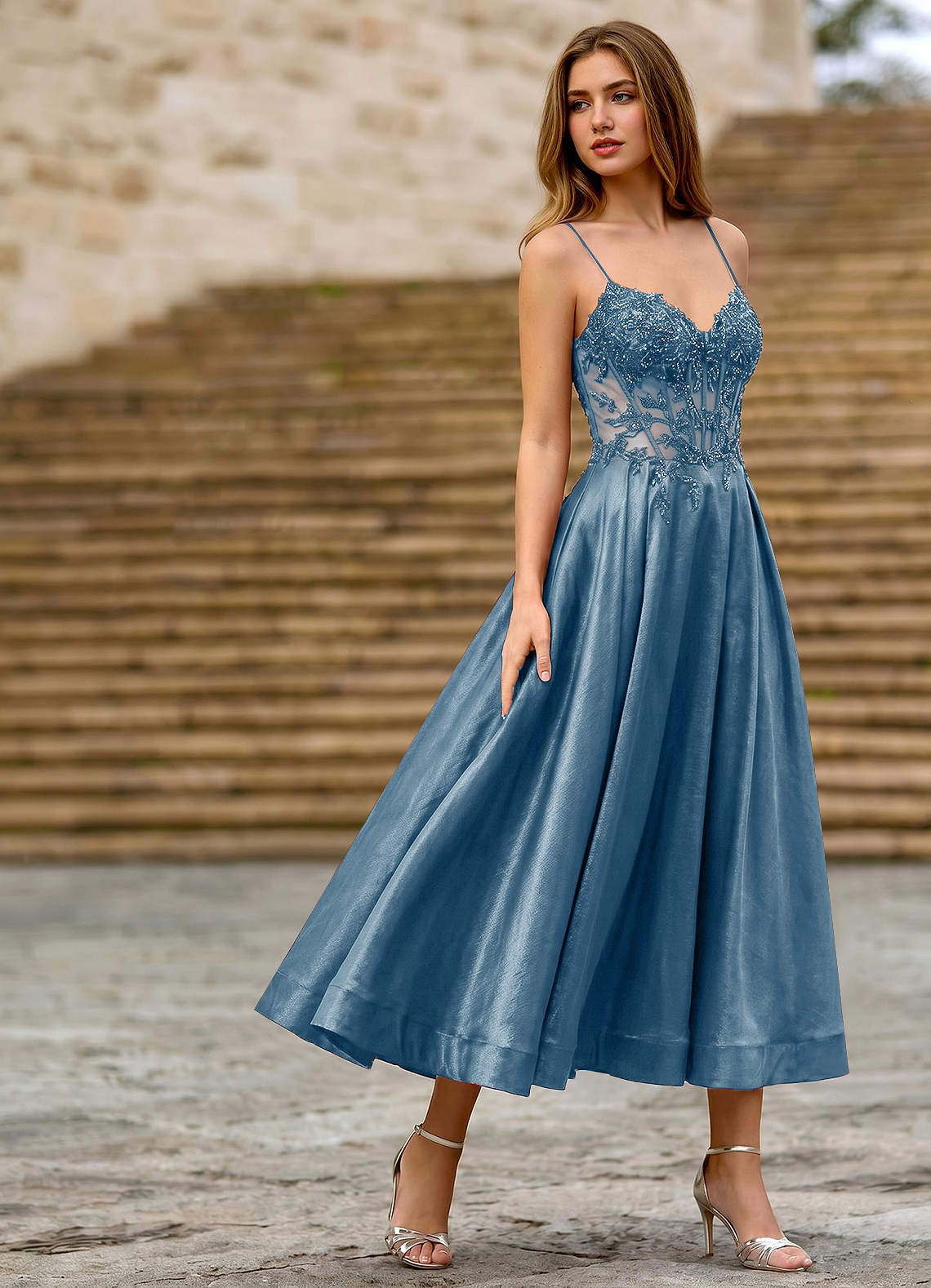 dusty blue cocktail dress for wedding Azazie 2026 Corset Lace Up A-Line Prom Dress Dusty blue Gown