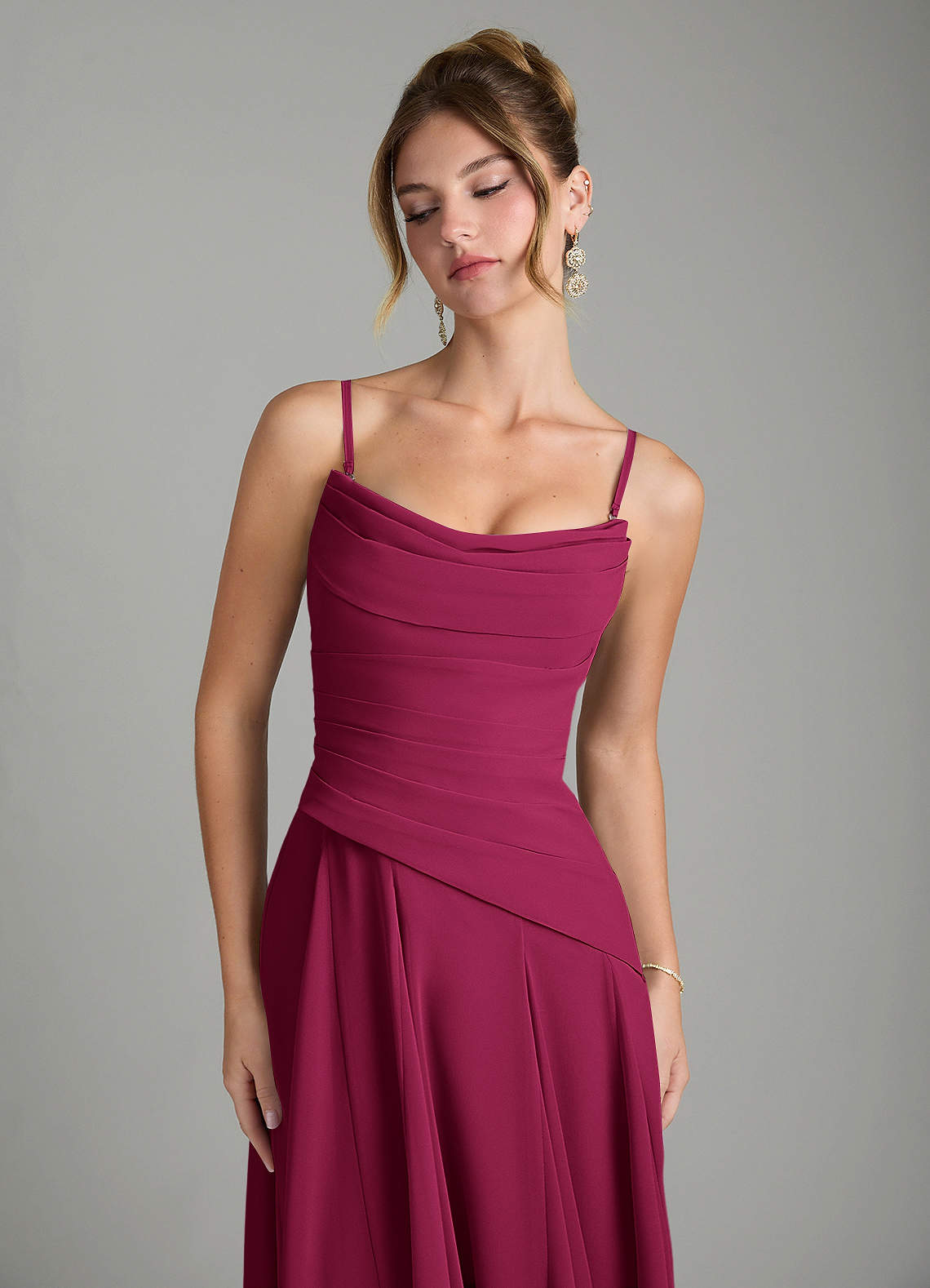 Azazie Gabriela At-home Try On Dresses Burgundy A-Line Corset Chiffon Dress image8