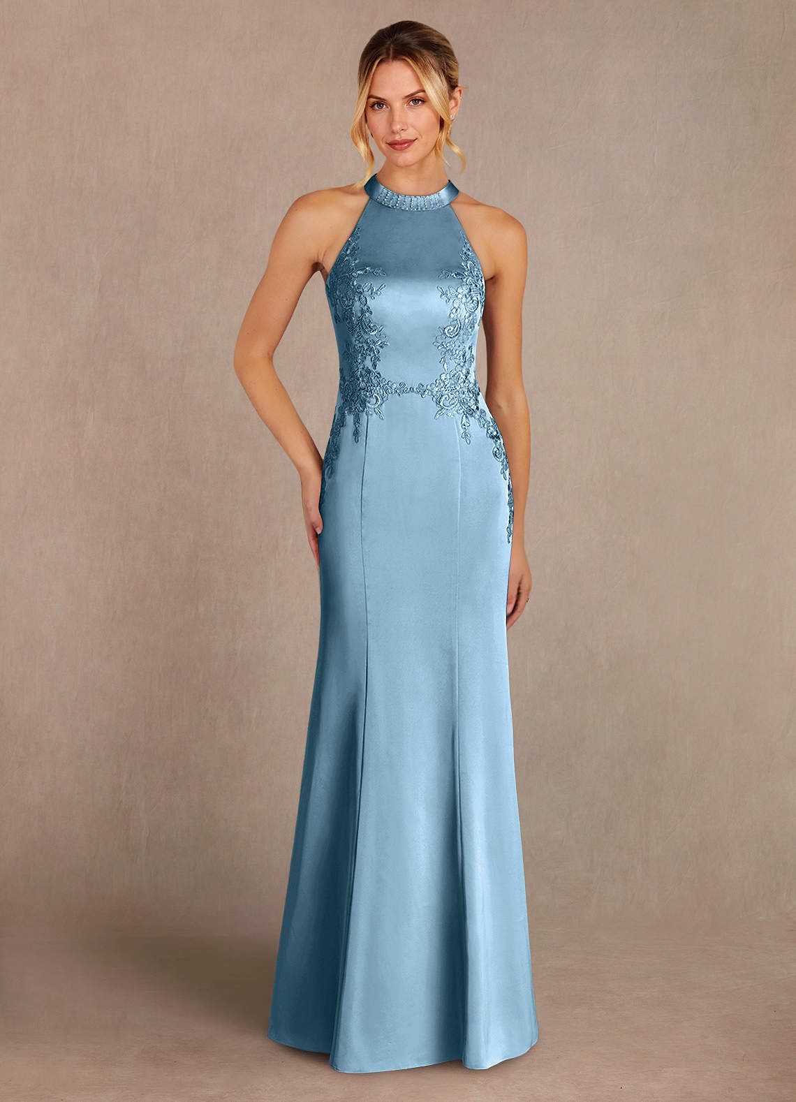 Azazie Tyra Kleider für die Brautmutter Meerjungfrau-Linie Spitze Stretch-Satin Kleid Stahlblau image1