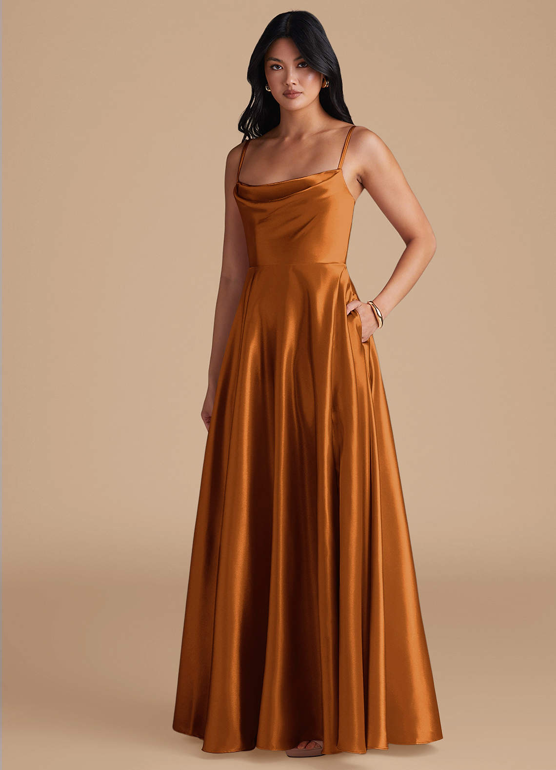 Azazie Elle Bridesmaid Dresses Copper A-Line with Pockets Metallic Satin Dress image1