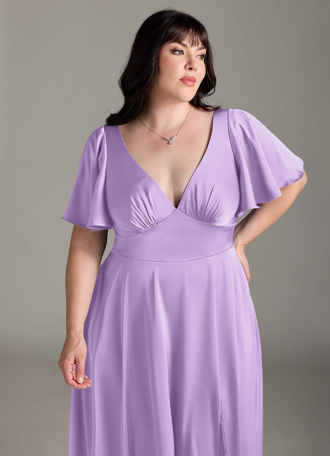 Azazie Kimber Bridesmaid Dresses Lilac A-Line Ruched Stretch Satin Dress image10