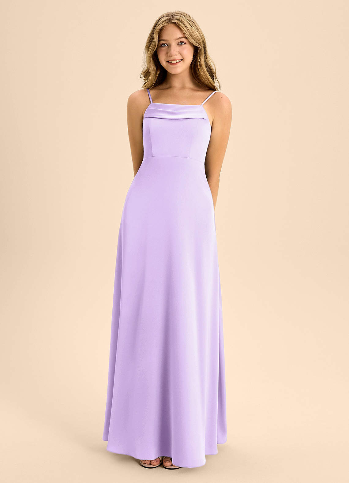 Azazie A-Line/Princess Off The Shoulder Floor-Length Stretch Satin Junior Bridesmaid Dresses - Frosted Lilac