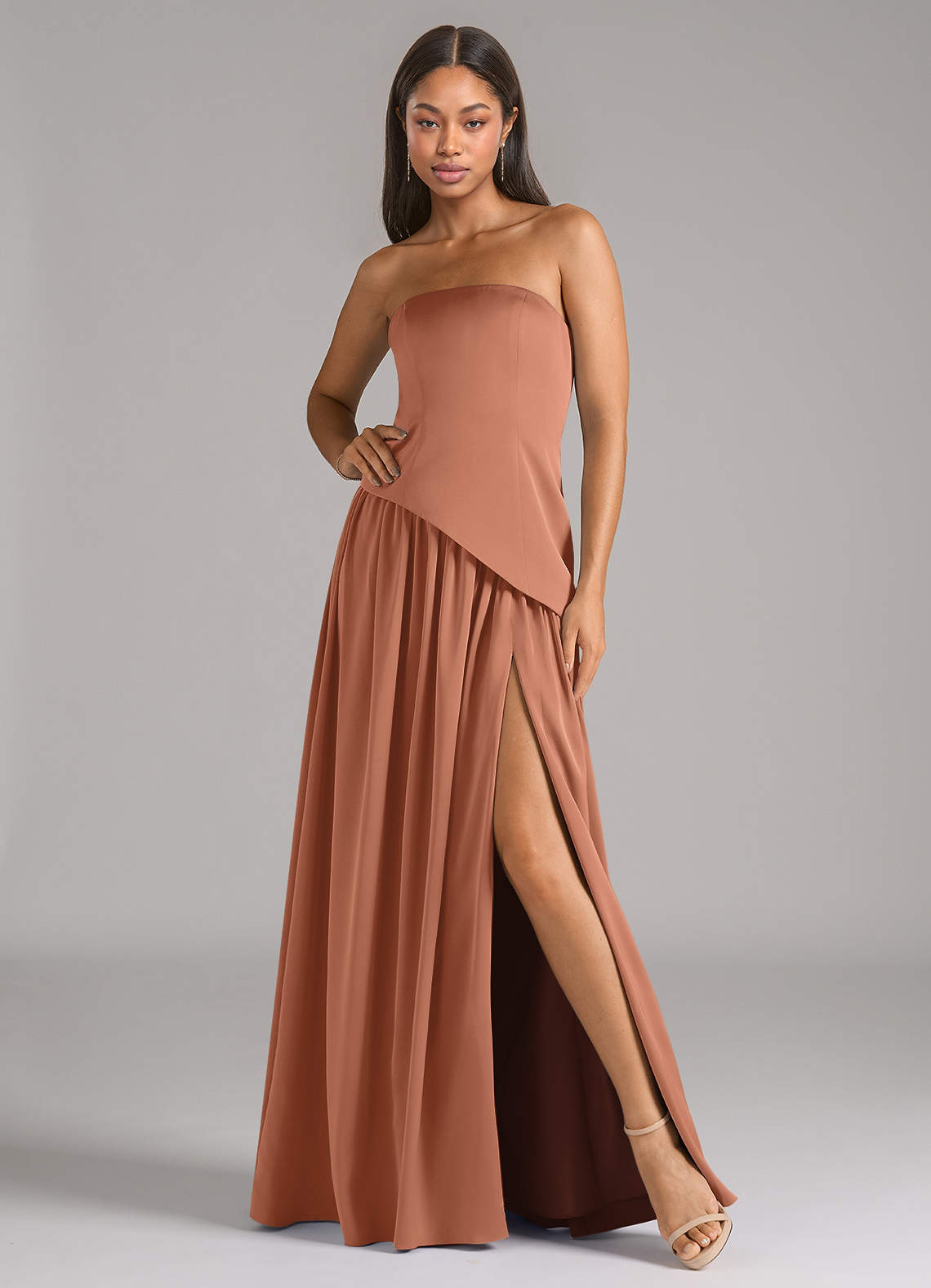 Azazie Adeline Bridesmaid Dresses Bronzer A-Line Strapless Stretch Satin Convertible Dress image1