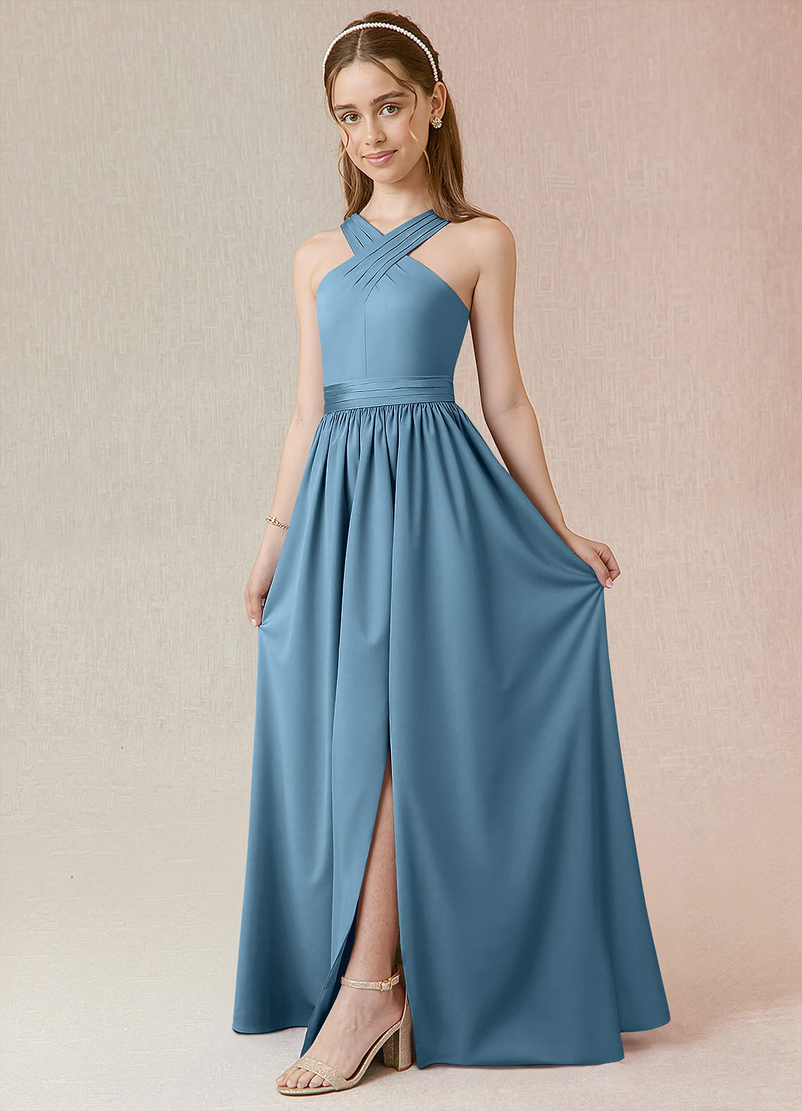 Azazie Jiya Junior Steel Blue A-Line Pleated Stretch Satin Dress image1
