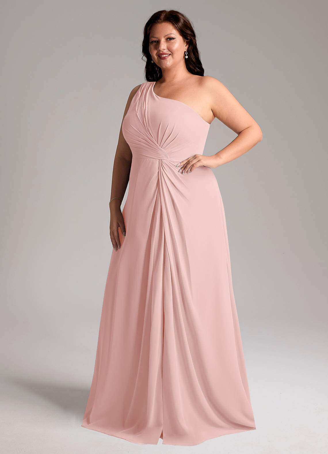 Azazie Brooke Bridesmaid Dresses Powder Pink A-Line One Shoulder Chiffon Dress image10