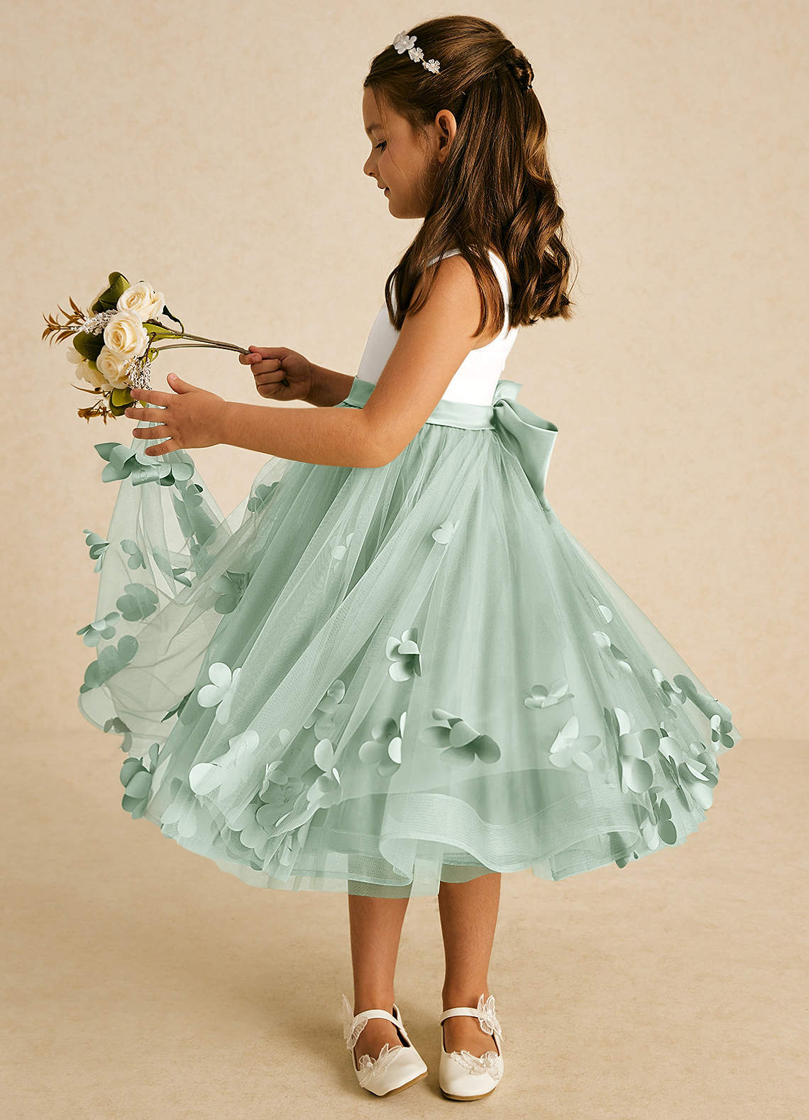 Azazie Sprout Flower Girl Dresses Agave A-Line Bow Tulle Dress image3