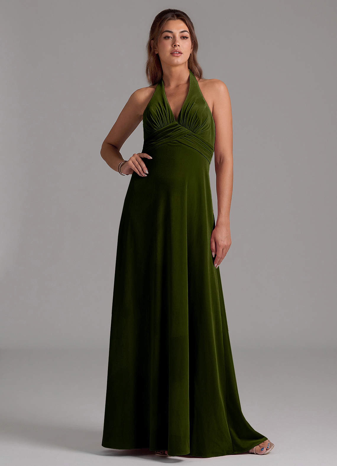 Azazie Tessie Bridesmaid Dresses Olive A-Line Pleated Velvet Dress image1