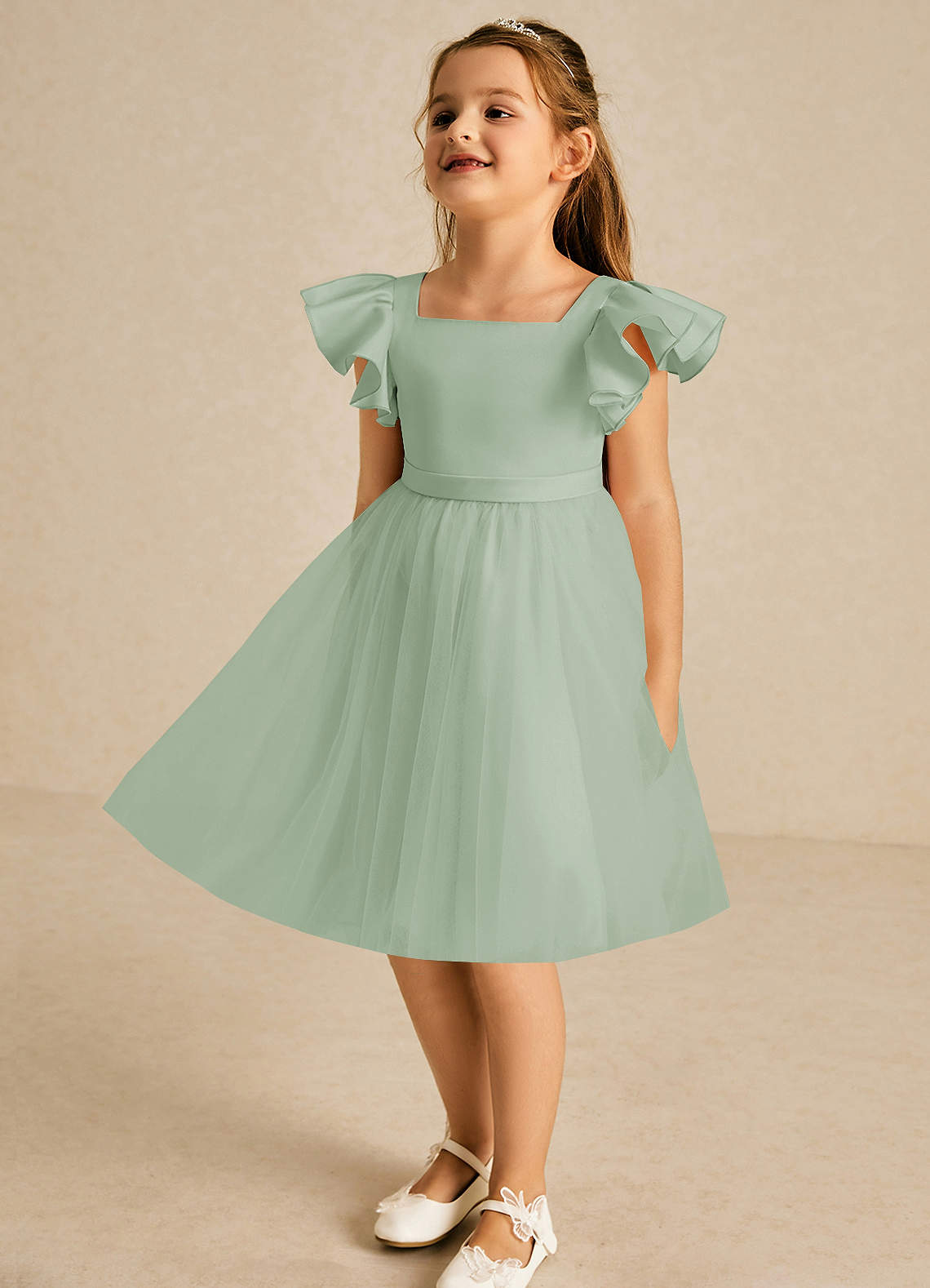 Azazie Kaeya Flower Girl Dresses Agave A-Line Bow Tulle Dress image3