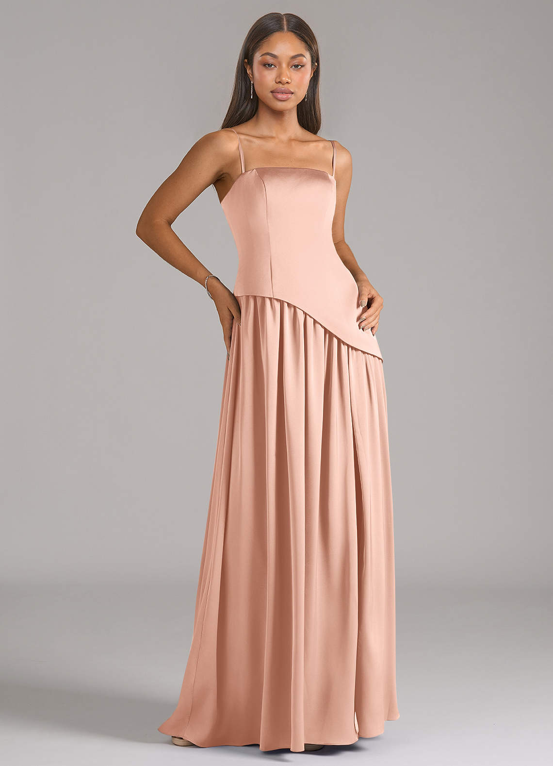 Azazie A-Line Strapless Floor-Length Stretch Satin Bridesmaid Dresses Rose Gold
