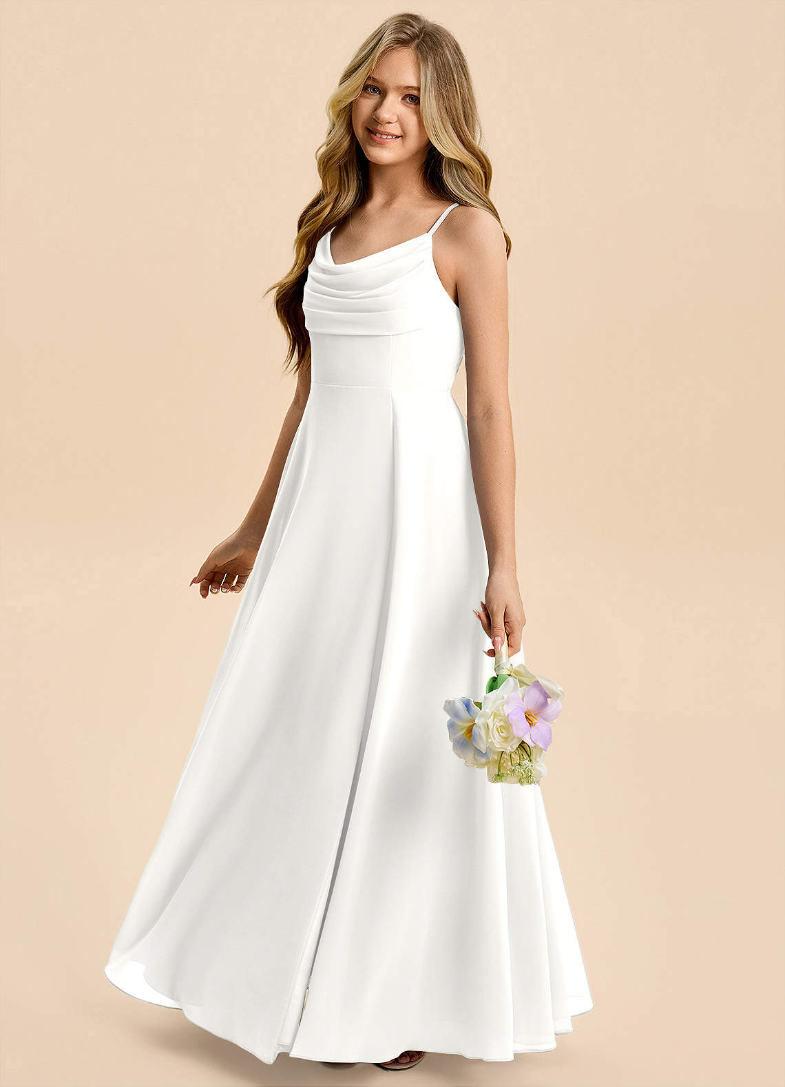 Azazie Gia Junior White A-Line Pleated Chiffon Dress image2