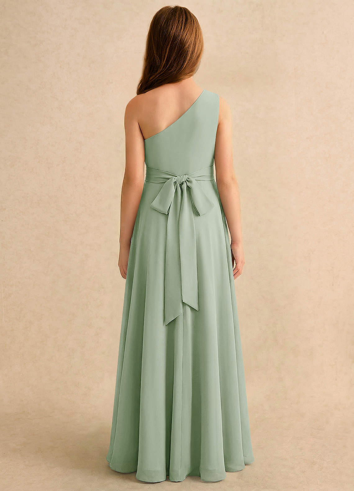 Azazie Puddles Girls Formal Vestidos de florista Vestido Dusty Sage de Chiffon de Linha A com Um ombro image1