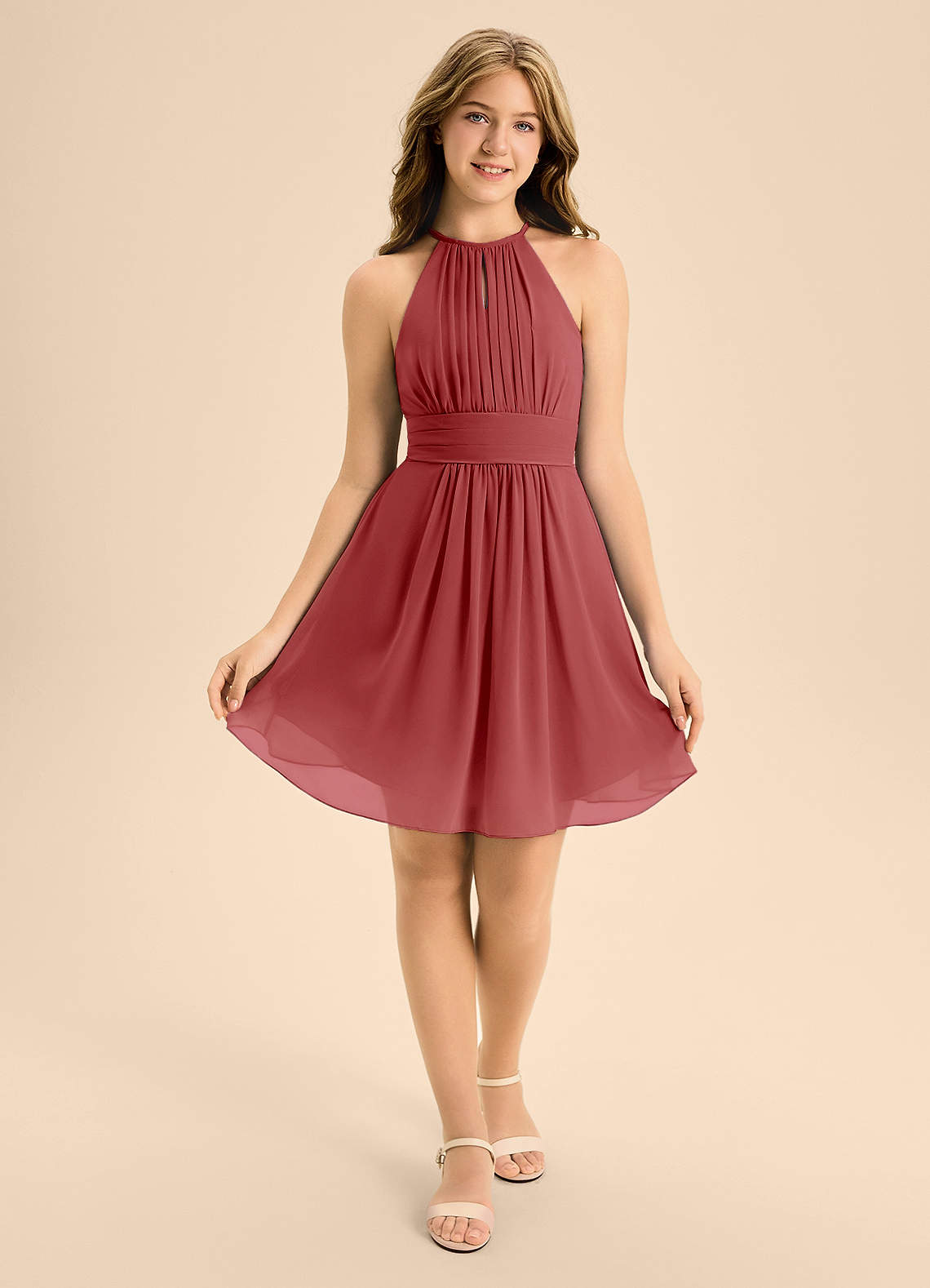 Azazie Bonnie Junior Rust A-Line Pleated Chiffon Dress image1