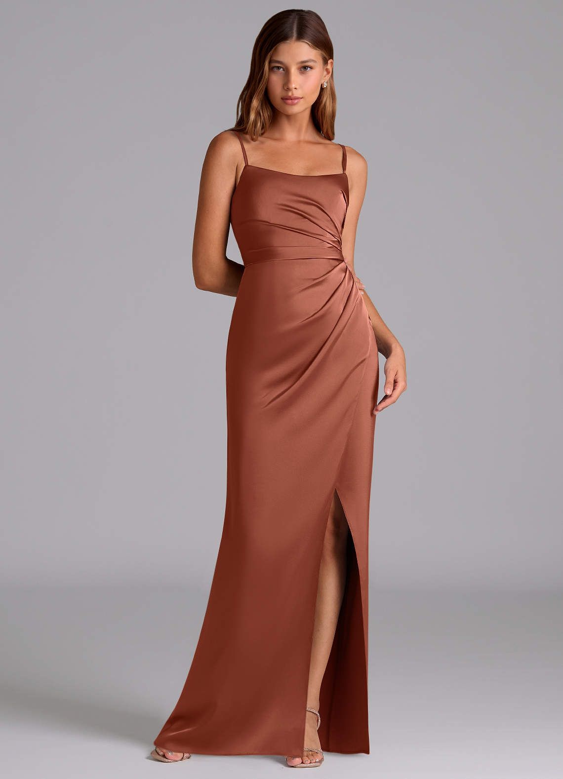 Azazie Calandra Bridesmaid Dresses Auburn A-Line Pleated Stretch Satin Dress image1