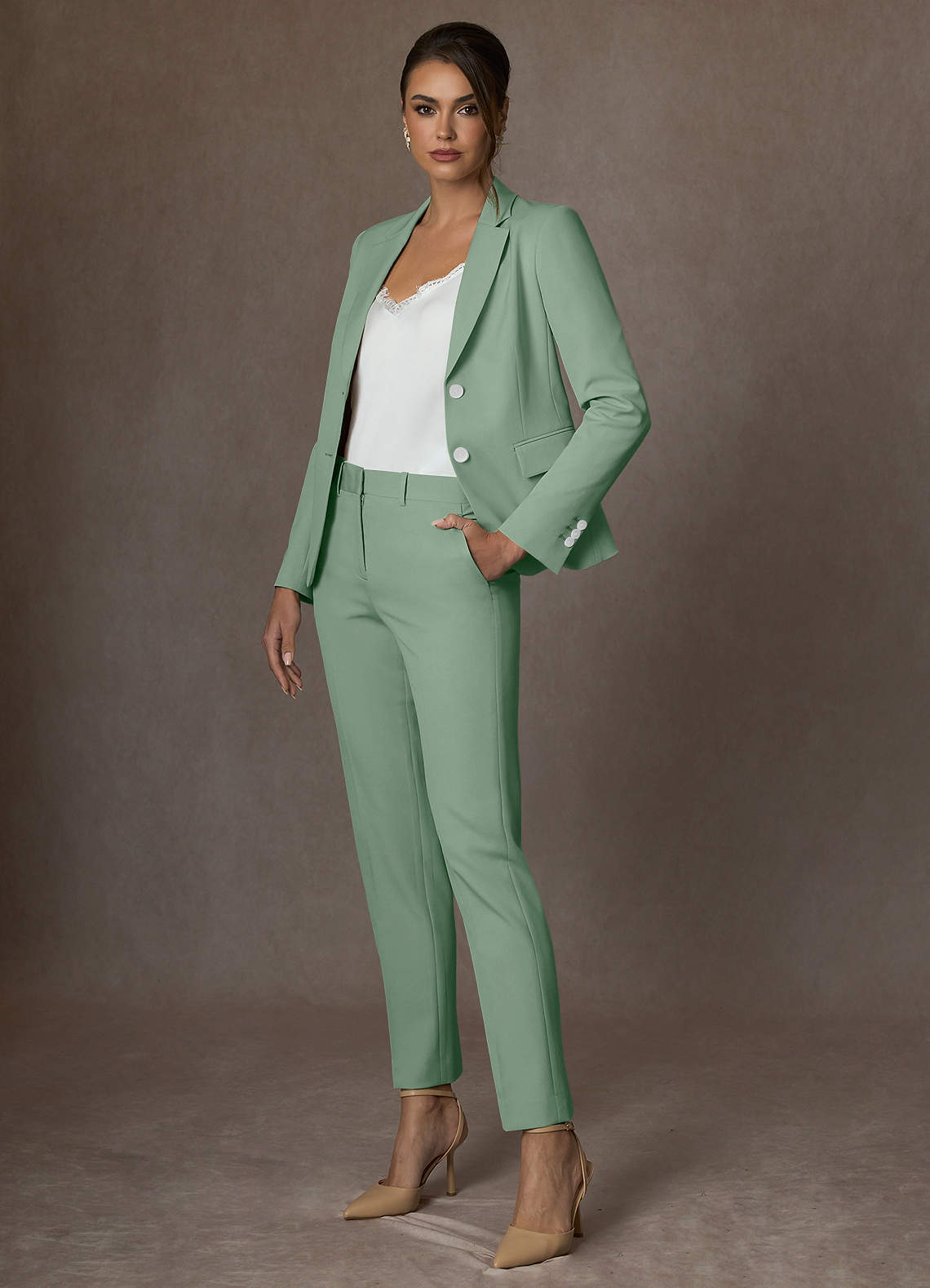 front Whitney Matcha Structured Stretch Full Length Dress Pants