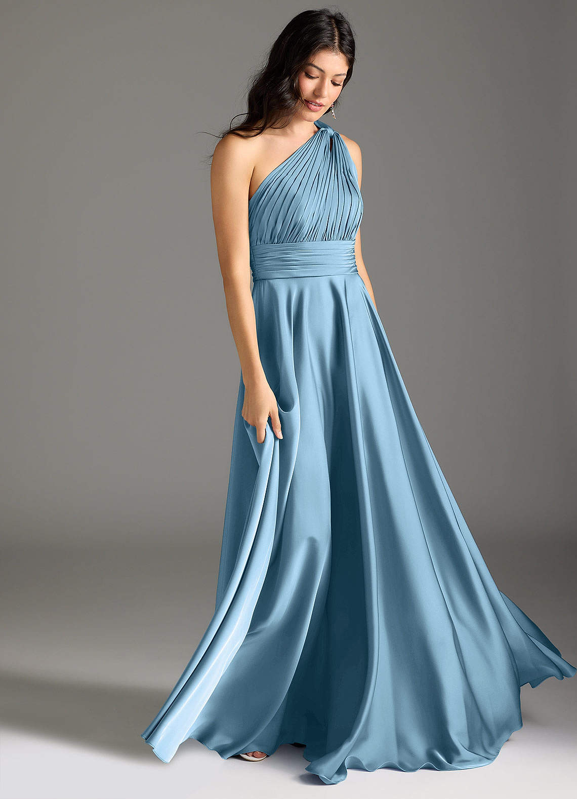 Azazie Charlize Vestidos de damas de honor Vestido de Azul Acero de Satén Elástico de Corte en A con Hombro unilateral image2