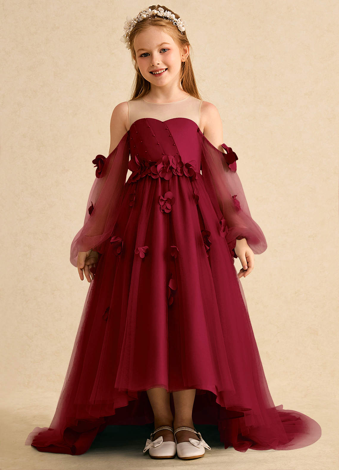 Azazie Karrie vestidos de niña de las flores Vestido de Borgoña de Tul de Corte En A con Con mangas image1