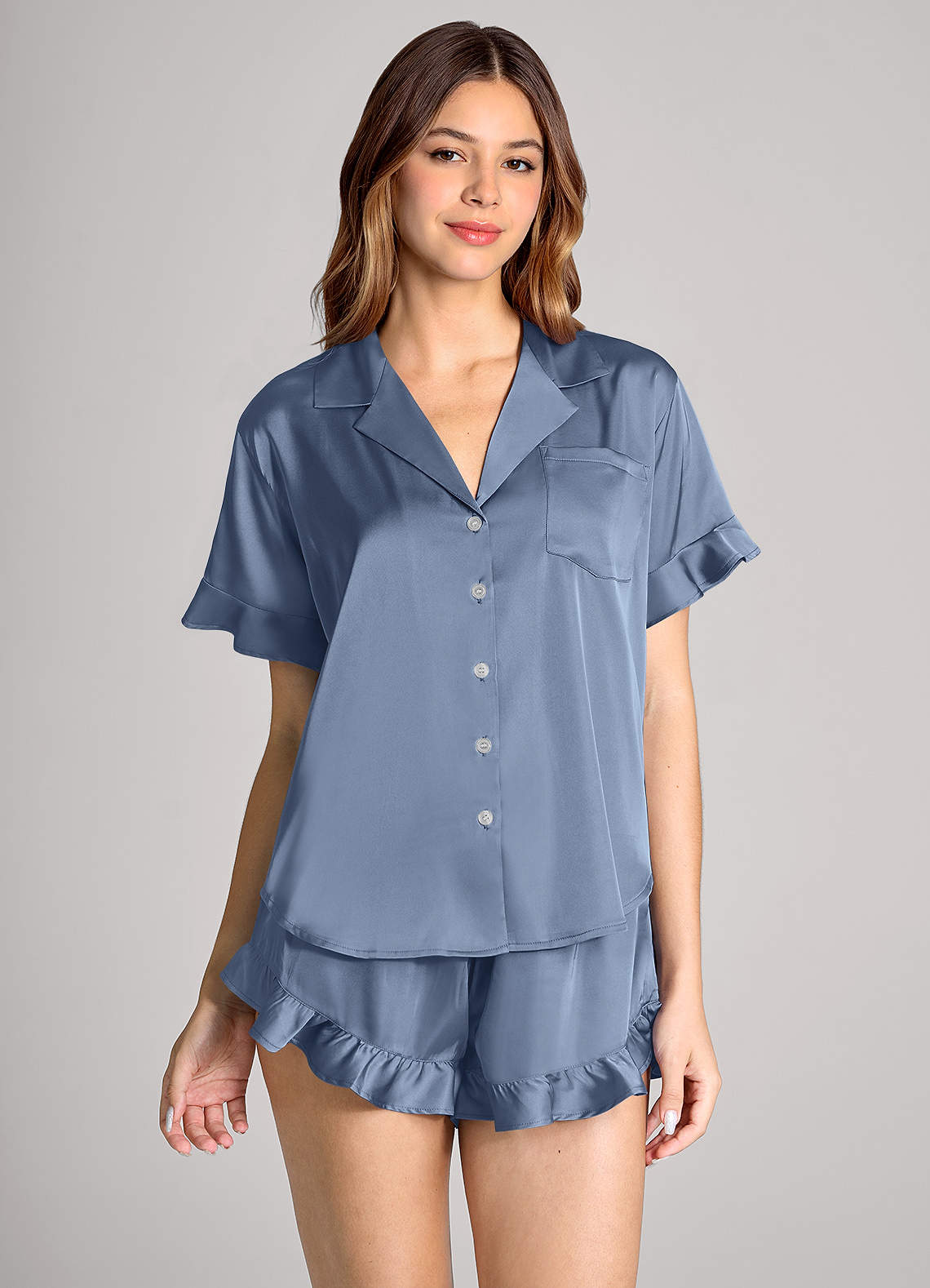 front Matching Color Ruffled Short Sleeve Pajama Set