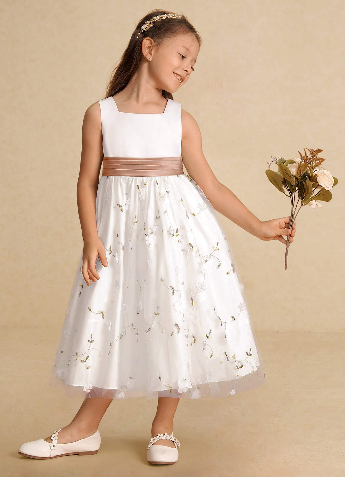 Azazie Pollie Flower Girl Dresses Ivory Champagne Rose A-Line Bow Tulle Dress image3