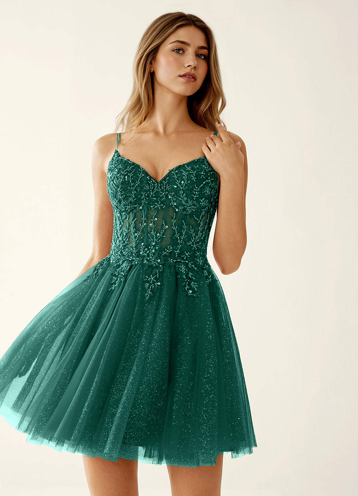 dark green mini dress formal Azazie A-Line Quinceañera Damas Dresses Corset Beading Sequins Lace Lace Up Appliqued Tulle Lace Beading Sequin Embroidery Sweetheart emerald green cocktail dress
