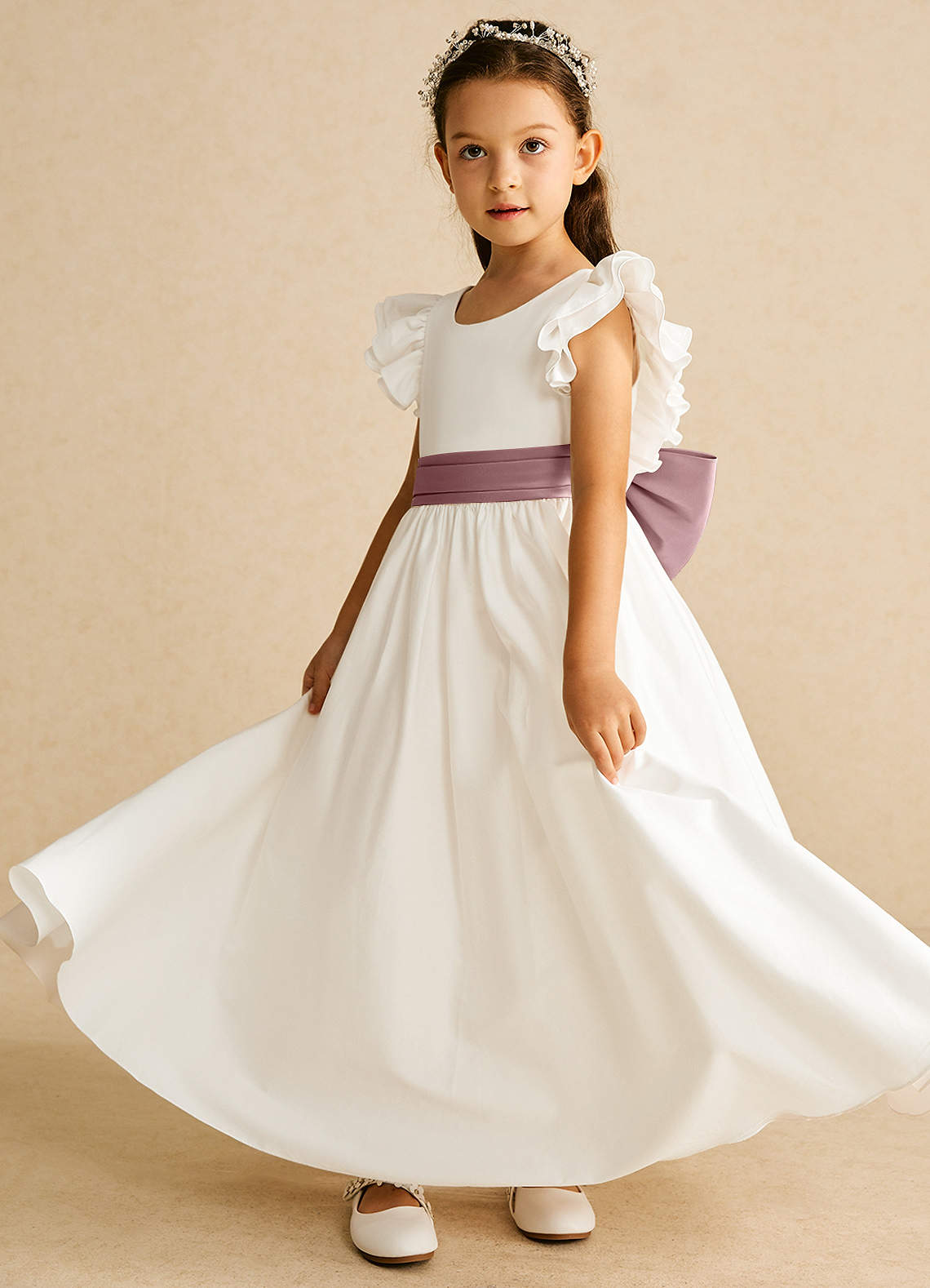 Azazie Aero Flower Girl Dresses Ivory Dusty Rose A-Line Pleated Cotton Dress image1