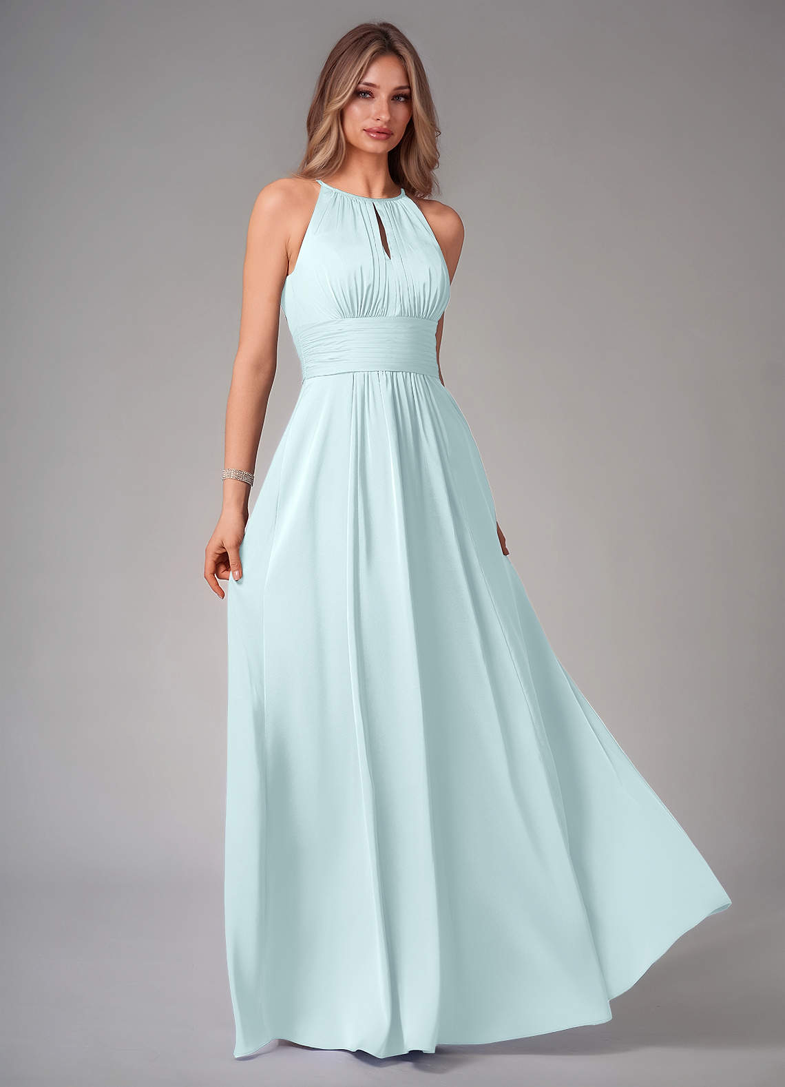 Azazie Bonnie Bridesmaid Dresses Sea Glass A-Line Pleated Stretch Satin Dress image1