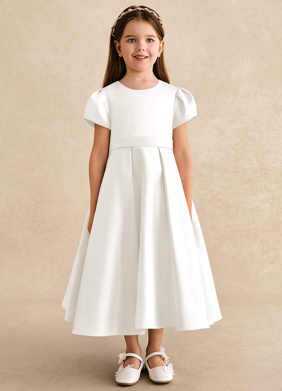 Azazie Princess Flower Girl Dresses Ivory A-Line Pleated Matte Satin Dress image4