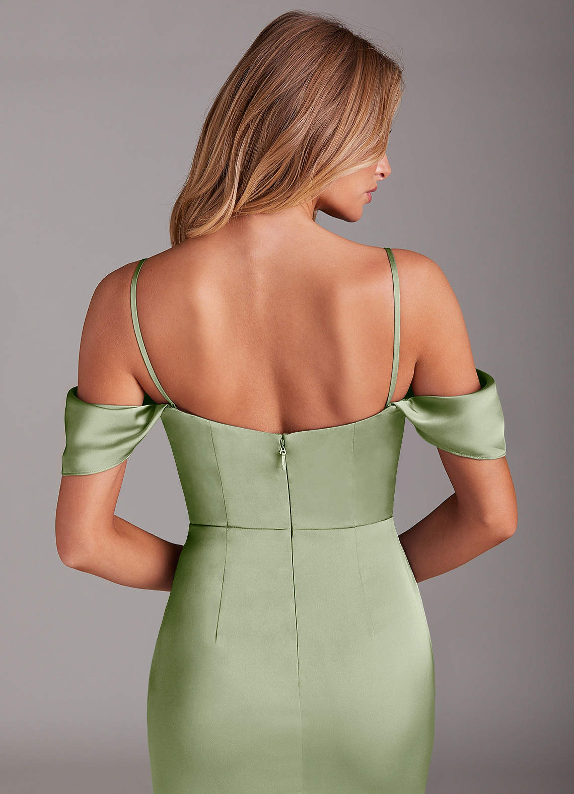 Azazie Saige Bridesmaid Dresses Dusty Sage Sheath Off the Shoulder Stretch Satin Dress image7