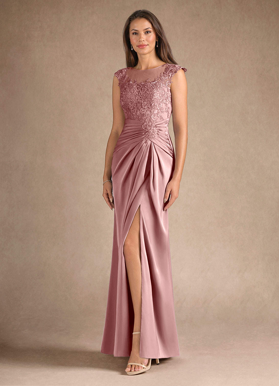 Azazie Santa Barbara Mother of the Bride Dresses Dusty Rose Sheath Pleated Stretch Satin Dress image1