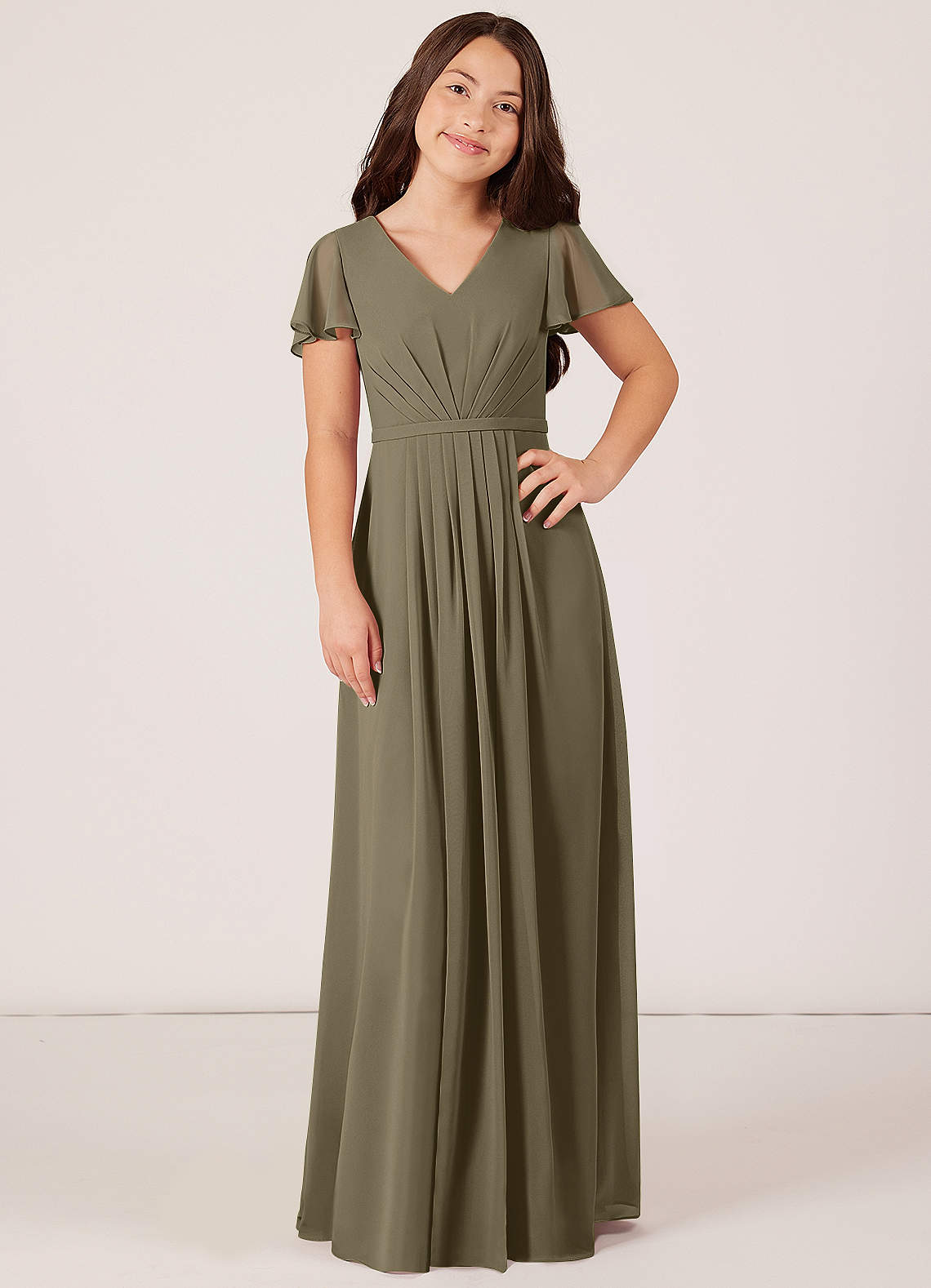 Azazie Peony Junior Willow Green A-Line Pleated Chiffon Dress image1