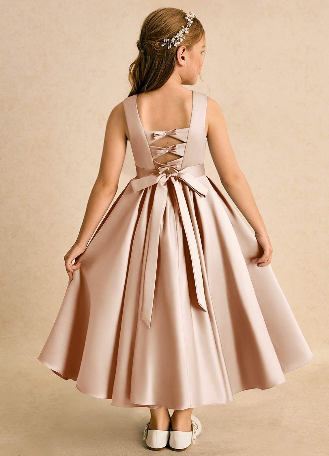Azazie Junebuj vestidos de niña de las flores Vestido de Rosa Inglesa de Satin Mate de Princesa con Plisado image1