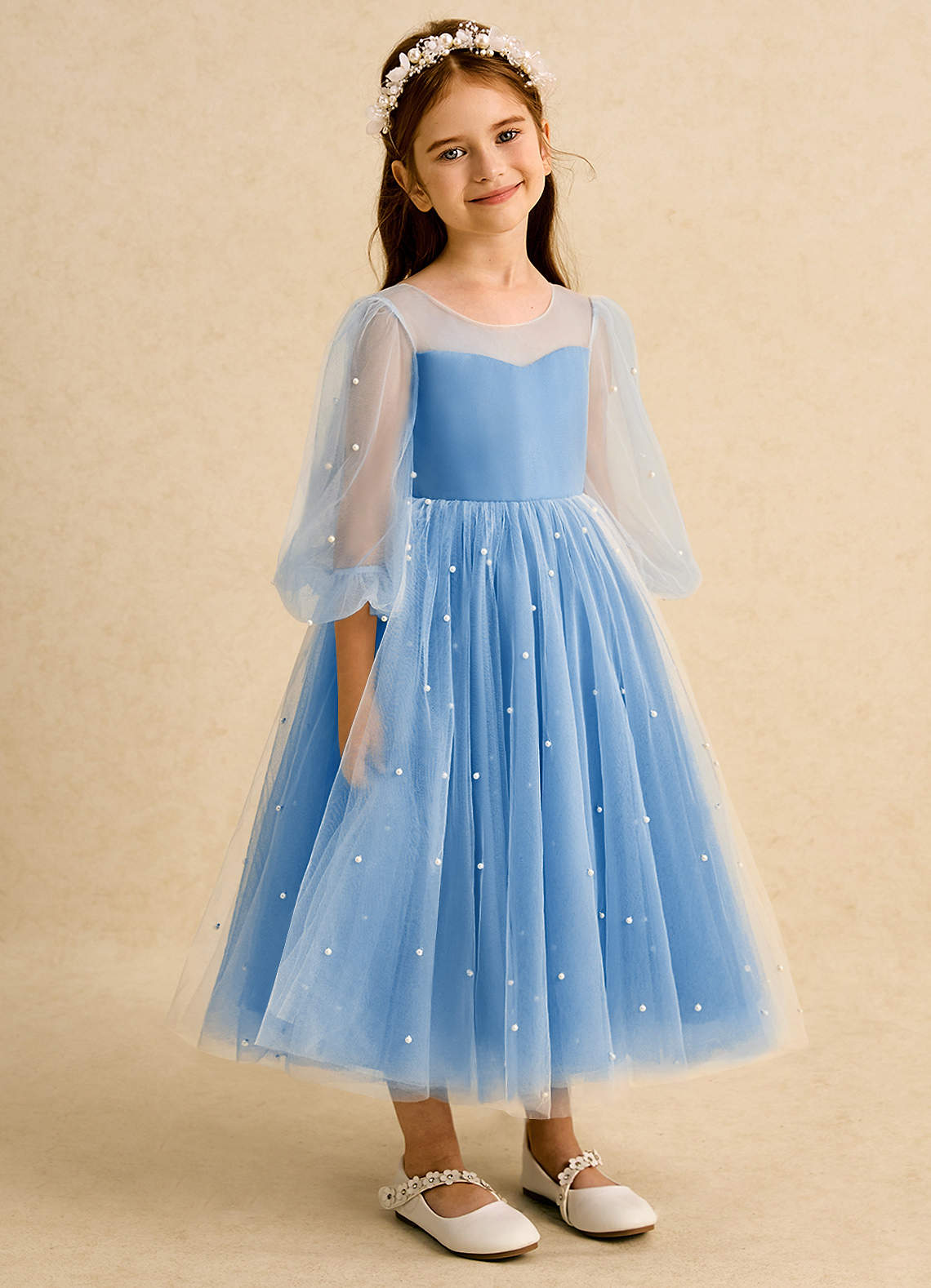Azazie Trudy Blumenmädchenkleider Ballkleid Herzausschnitt Tüll Kleid Blauhäher image1