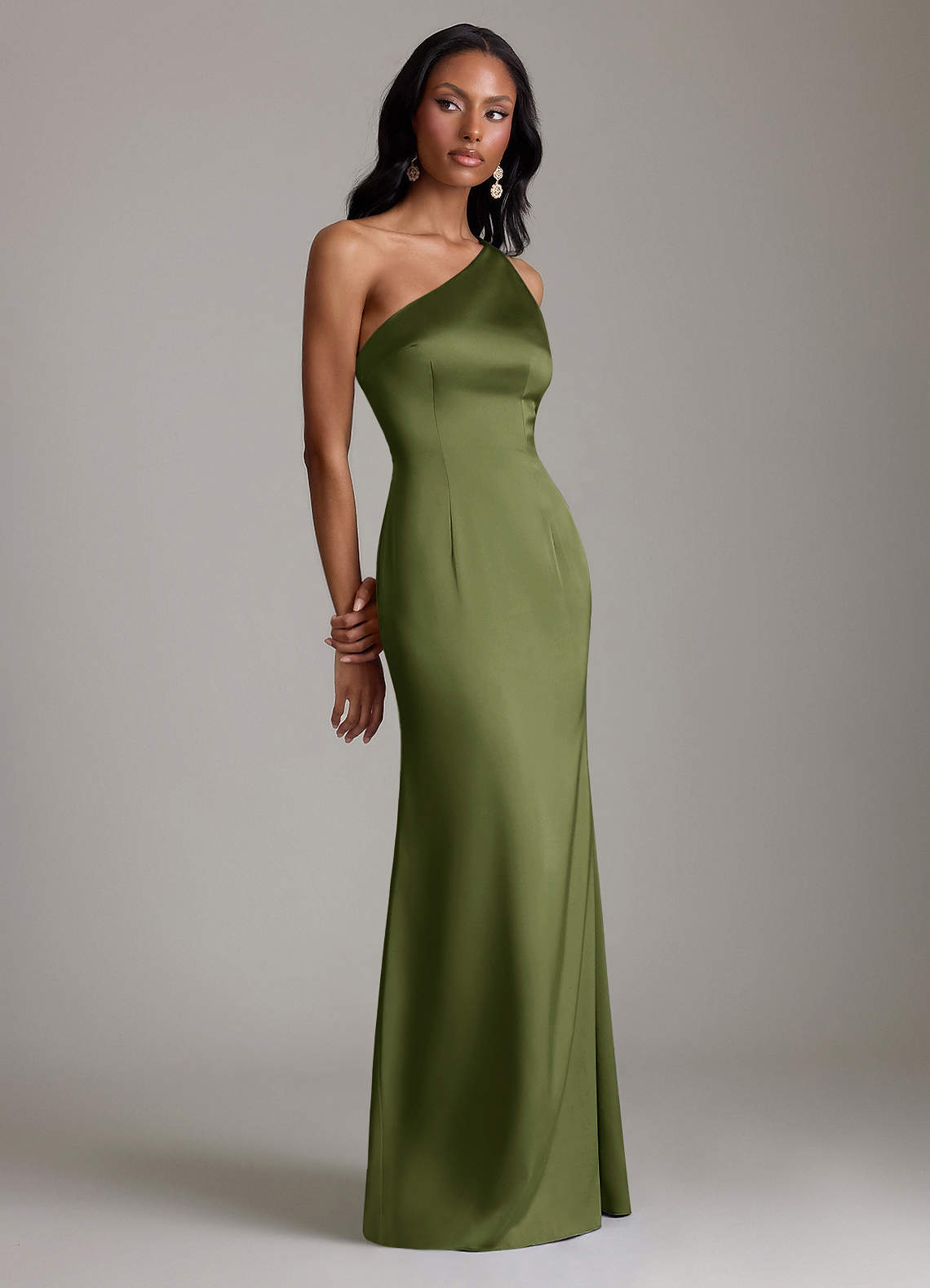 one shoulder olive green dress Petal and Pup Women's Amelie Maxi 6) / L (8 Olive Green Satin Formal Dress
