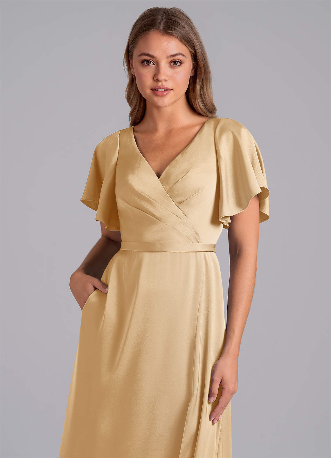 Azazie A-Line V-Neck Floor-Length Stretch Satin Bridesmaid Dresses - Gold