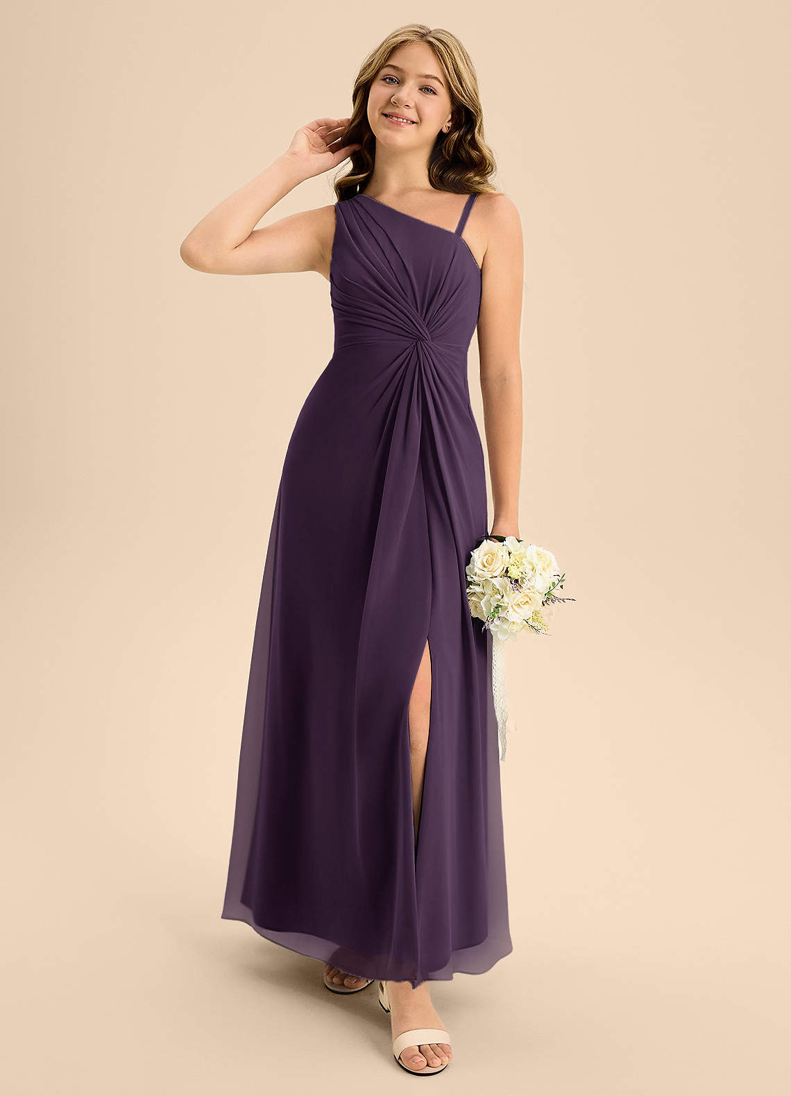 Azazie Brooke Junior Plum A-Line Side Slit Chiffon Dress image1