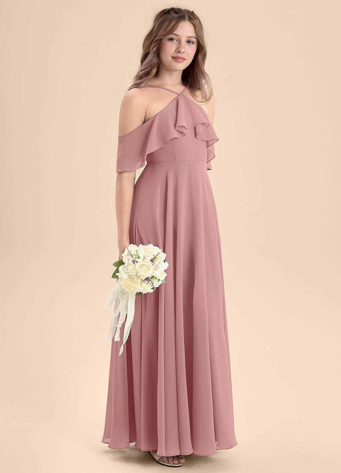 Azazie Tessabelle Junior Vestido de Rosa Polvorienta de Gasa de Corte en A con Vestidos sin tirantes image4